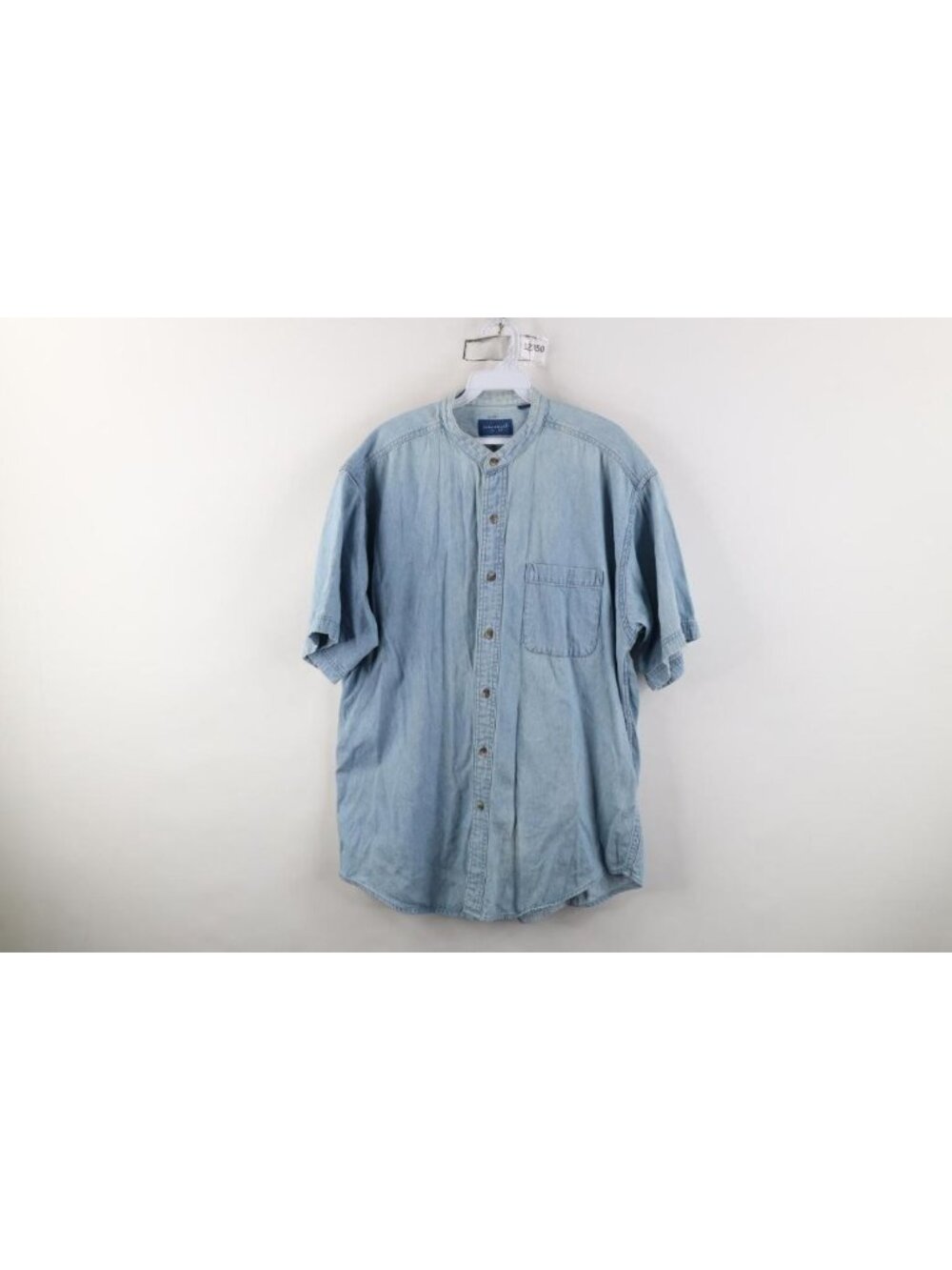 Vintage 90s Streetwear Mens Large Faded Band Collar Denim Jean Button Shirt Blue